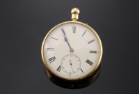 Lot 599 - An 18ct gold open-faced top-wind pocket watch