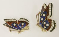 Lot 367 - A pair of late Victorian diamond and enamel set butterfly brooches