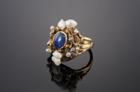 Lot 494 - An 18ct three-colour gold black opal triplet diamond and freshwater pearl ring