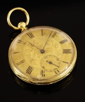 Lot 596 - A gold Swiss key wound open-faced pocket watch