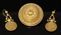 Lot 394 - A cased Victorian Etruscan-style brooch and earrings gold suite