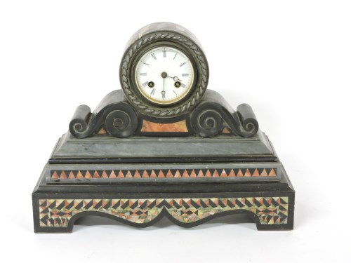 Lot 487 - A Victorian parquetry marble inlaid slate marble mantle clock