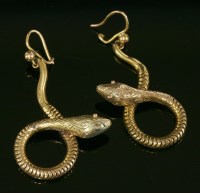 Lot 396 - A pair of gold snake drop earrings