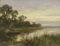 Lot 270 - Walter Wallor Caffyn (1845-1898)
A RIVER LANDSCAPE WITH A HORSE TOWING A BARGE AT DUSK
Signed and dated 1885 l.r.