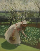 Lot 278 - John Hodgson Lobley (1878-1954)
A GIRL PICKING FLOWERS
Oil on board
40 x 32cm

Provenance: Arthur E Hinchcliffe Esq.