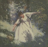 Lot 279 - John Hodgson Lobley (1834-1954)
A WOMAN PICKING BLOSSOM IN AN ORCHARD
Signed and dated '46 l.r.