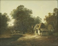 Lot 244 - Attributed to John Berney Crome
A WOODED LANDSCAPE WITH A FIGURE ON A BRIDGE NEAR AN INN
Oil on panel
25 x 30cm