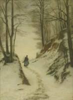 Lot 247 - Follower of Joseph Farquharson
A WOMAN ON A PATH IN A WINTER LANDSCAPE
Oil on panel
41 x 31cm