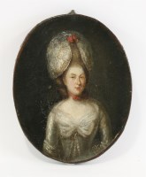 Lot 1323 - 18th century School
PORTRAIT OF A LADY IN A WHITE DRESS AND ELABORATE HEADDRESS
Oil on canvas