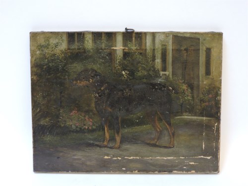Lot 341 - ...Jenkins
A DOG STANDING IN FRONT OF A BUILDING
Indistinctly signed and dated l.l.
