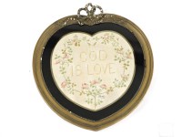 Lot 353 - An Edwardian heart shaped gilt framed needlework panel