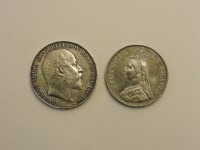 Lot 63 - Two silver coins: a Victorian 1887 double florin and an Edward Vll 1902 crown