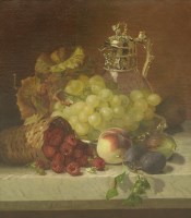 Lot 243 - Eloise Harriet Stannard (1829-1915)
STILL LIFE OF AUTUMN FRUITS AND A SILVER GILT MOUNTED GLASS CLARET JUG
Signed and dated 1880 l.l.