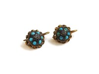 Lot 27 - A pair of Victorian gold 'forget me not' cluster diamond and turquoise cabochon earrings
