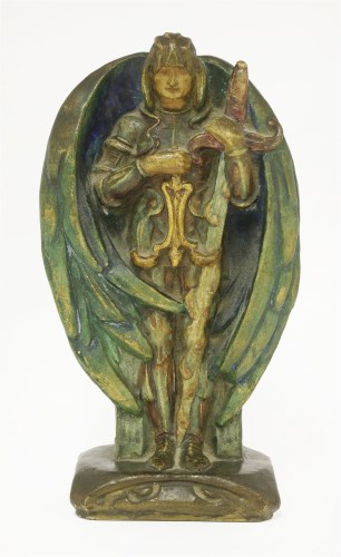 Lot 23 - A Compton Potters Art Guild painted pottery figure of St Michael