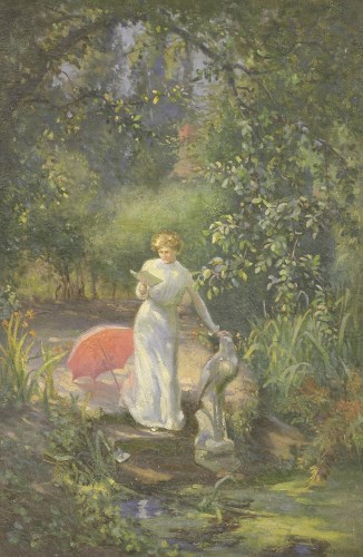 Lot 92 - Cyril Frost (1880-1971)
WOMAN READING A LETTER BY A POND
Signed and dated 1913 l.r.