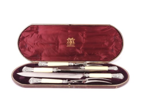 Lot 222 - A Victorian silver and ivory mounted five piece carving set