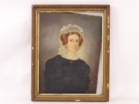 Lot 545 - Micheal Leader (c.1860)
PORTRAIT OF ALICE LINDSAY OF PEAK HOUSE
inscribed on a label 'Married Capt Thomas Bradley of Rockville'
oil on canvas
