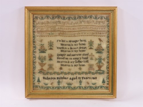 Lot 541 - Victorian needlework sampler with alphabet and verse