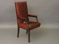 Lot 608 - A George III design mahogany high back open armchair upholstered in faux red leather (A.F.)