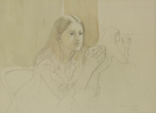 Lot 141 - John Stanton Ward RA (1917-2007)
STUDY OF A SEATED GIRL HOLDING A TEACUP
Signed and dated 1970 l.r.