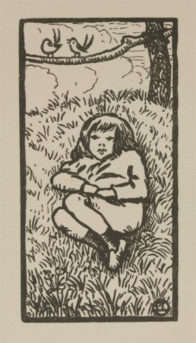 Lot 79 - Lucien Pissarro (1863-1944)
'CHILD SITTING UNDER TWO BIRDS ON A BRANCH'
Original wood engraving signed in the block