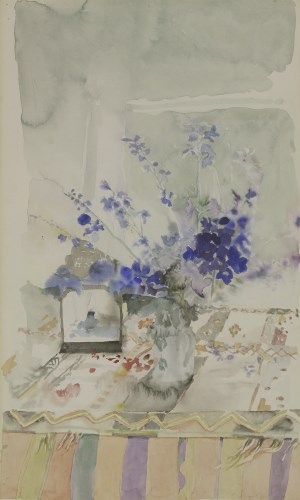 Lot 140 - Patrick Procktor RA (1936-2003)
STILL LIFE OF A JUG OF FLOWERS AND A LANTERN ON A DRAPED TABLE
Signed and dated '69 l.r.