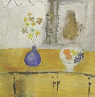 Lot 323 - Leo McDowell (1936-2011)
STILL LIFE WITH A BLUE VASE OF FLOWERS AND A BOWL OF FRUIT ON A TABLE
Signed l.r.