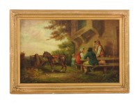 Lot 649 - Follower of George Morland
FIGURES AND A HORSE OUTSIDE AN INN
Oil on canvas
39 x 61cm