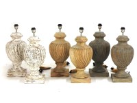 Lot 346 - Three pairs of spiral turned balluster form wooden table lamps