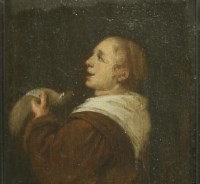 Lot 373 - Circle of Egbert van Heemskerk
A PEASANT WOMAN LOOKING UP
Oil on panel
10 x 9.5cm