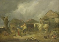 Lot 413 - John Linnell (1792-1882)
A FARMYARD WITH FIGURES AND FARM ANIMALS
Signed and dated '62 l.r.