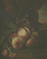 Lot 368 - Manner of Tobias Stranover
STILL LIFE OF PEACHES AND GRAPES IN A LANDSCAPE
Oil on canvas laid down on panel
38 x 32cm