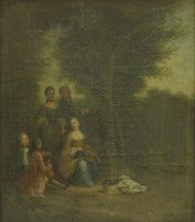 Lot 385 - Manner of Jean-Baptiste Pater
AN ELEGANT PARTY IN A WOODLAND CLEARING
Oil on canvas
22 x 19cm