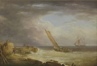 Lot 391 - William Payne (1760-1830)
A COASTAL SCENE WITH FIGURES ON A JETTY AND FISHING BOATS OFFSHORE
Signed l.c.