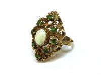 Lot 37 - A 9ct gold opal and emerald lozenge shaped open cluster ring 
6.53g