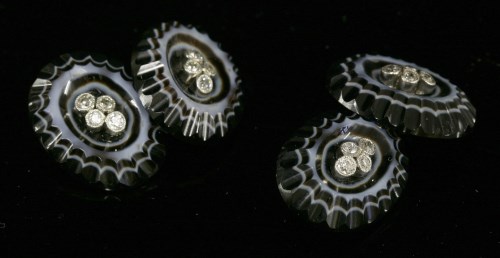 Lot 78 - A pair of diamond and banded agate set cufflinks