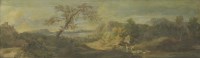 Lot 393 - Manner of Andrea Locatelli
A SOUTHERN LANDSCAPE WITH DROVERS AND SHEEP IN THE FOREGOUND AND A DISTANT CASTLE
Oil on panel
28 x 93cm