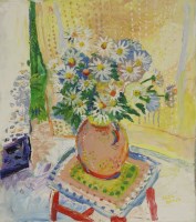 Lot 270 - Fred Yates (1922-2008) STILL LIFE OF FLOWERS ON A STOOL Signed l.r.