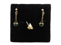 Lot 1109 - A pair of 9ct gold circular cut emerald drop earrings