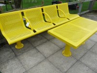 Lot 3154 - A British Rail 4 seater bench in yellow by Townscape Products 2.3cm long x 78cm high x 60cm deep and a table 1