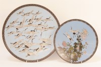 Lot 286 - Two Chinese cloisonne chargers decorated with cranes in flight