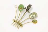 Lot 12 - Five stick pins later converted to a brooch