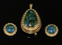 Lot 507 - An Israeli gold and chrysocolla or Eilat stone set brooch/pendant and earrings suite