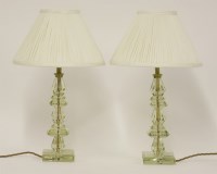 Lot 619 - A pair of French peridot cut crystal table lamps