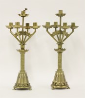 Lot 7 - A pair of Victorian five-branch brass candelabra
