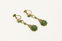 Lot 17 - A pair of gold turquoise cabochon cluster drop earrings