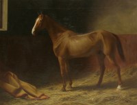 Lot 427 - Thomas E Marson (fl.1899-1900)
A CHESTNUT HUNTER IN A STABLE
Signed and dated 1907 l.r.