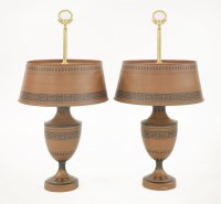 Lot 607 - A pair of Etruscan-style toleware table lamps