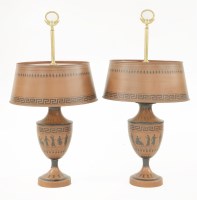 Lot 661 - A pair of Etruscan-style toleware table lamps